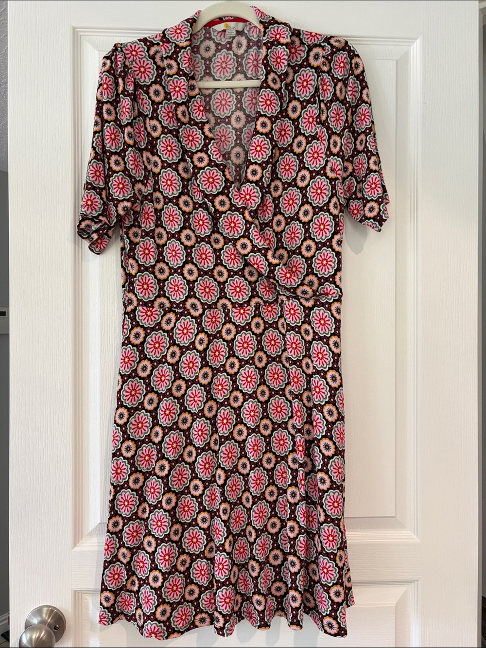 Boden Pink and Black Floral Wrap Midi Dress